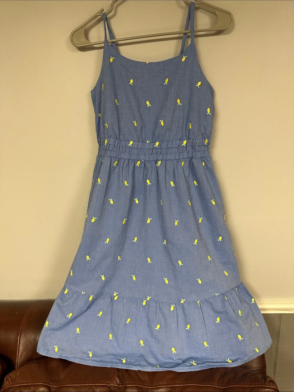 Girls cat & Jack blue / embroidered lemons fully lined summer dress XL 14 EUC!